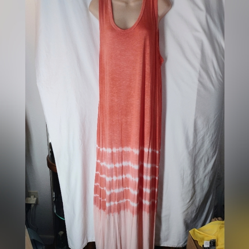 Orange and White Maxi Sundress with Scoop Neck, Sleeveless